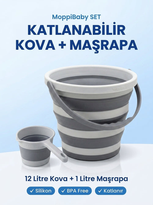 Katlanabilir Silikon Kova & Maşrapa Seti - 12L Kova + 1L Maşrapa  (Banyo, Seyahat & Bebek Bakımı)